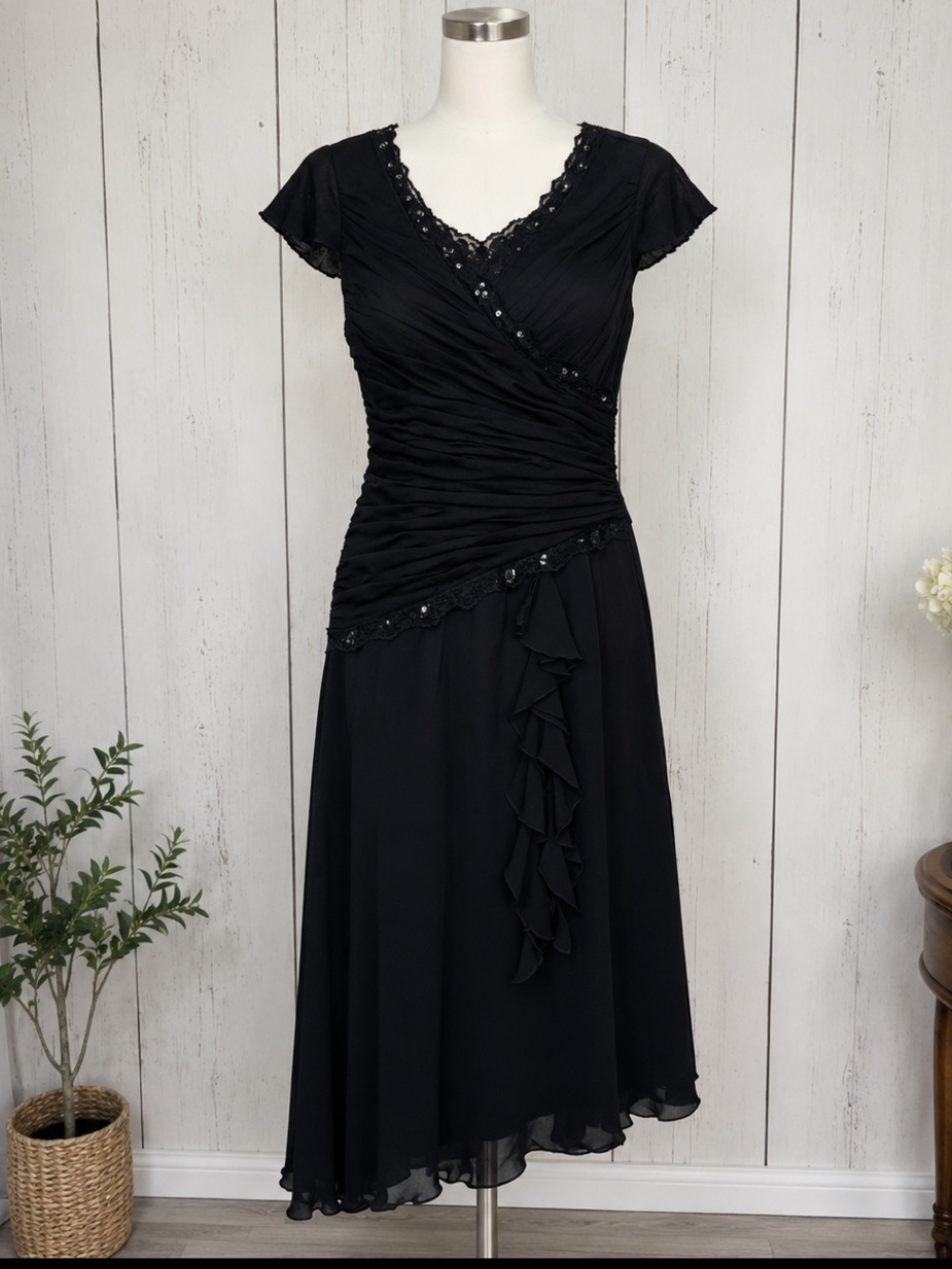 Sangria Y2K Black Ruched Ruffle Lace Sequin Midi Dress Fairy Goth Stretch 10